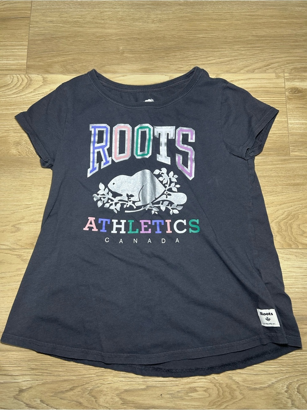 Roots Navy Short Sleeve Tee with Multicolor 'ROOTS ATHLETICS' Graphic